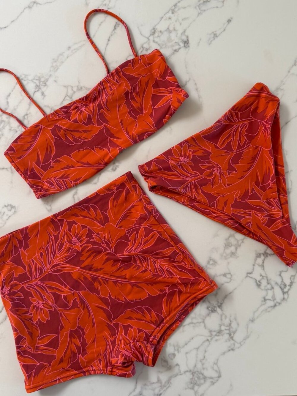 Stone Fox Swim 3-Piece Bikini + High Waisted Shortie SET - Rose Palm - Size XS/S